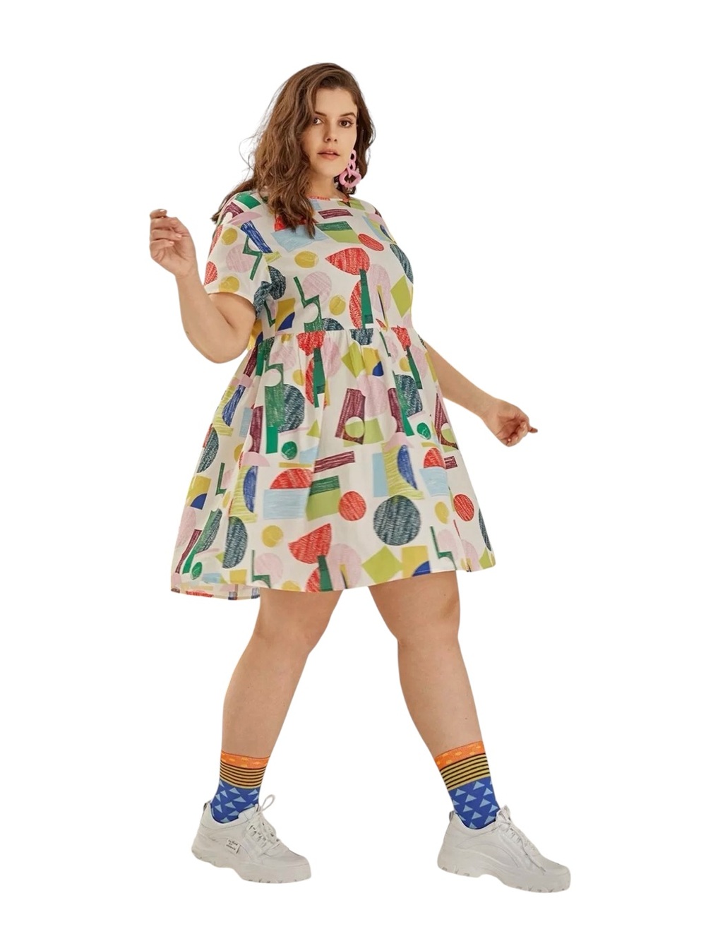 SHEIN CURVE ~ Babydoll Mini Dress ~ Multicolor ~ Geometric & Abstract ~ Print
